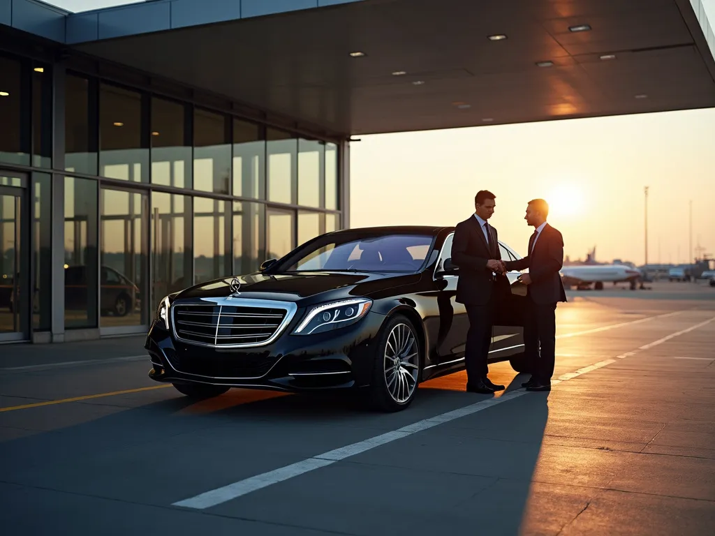 A chauffeur greeting a client beside a black Mercedes-Benz S-Class at an airport terminal at sunset