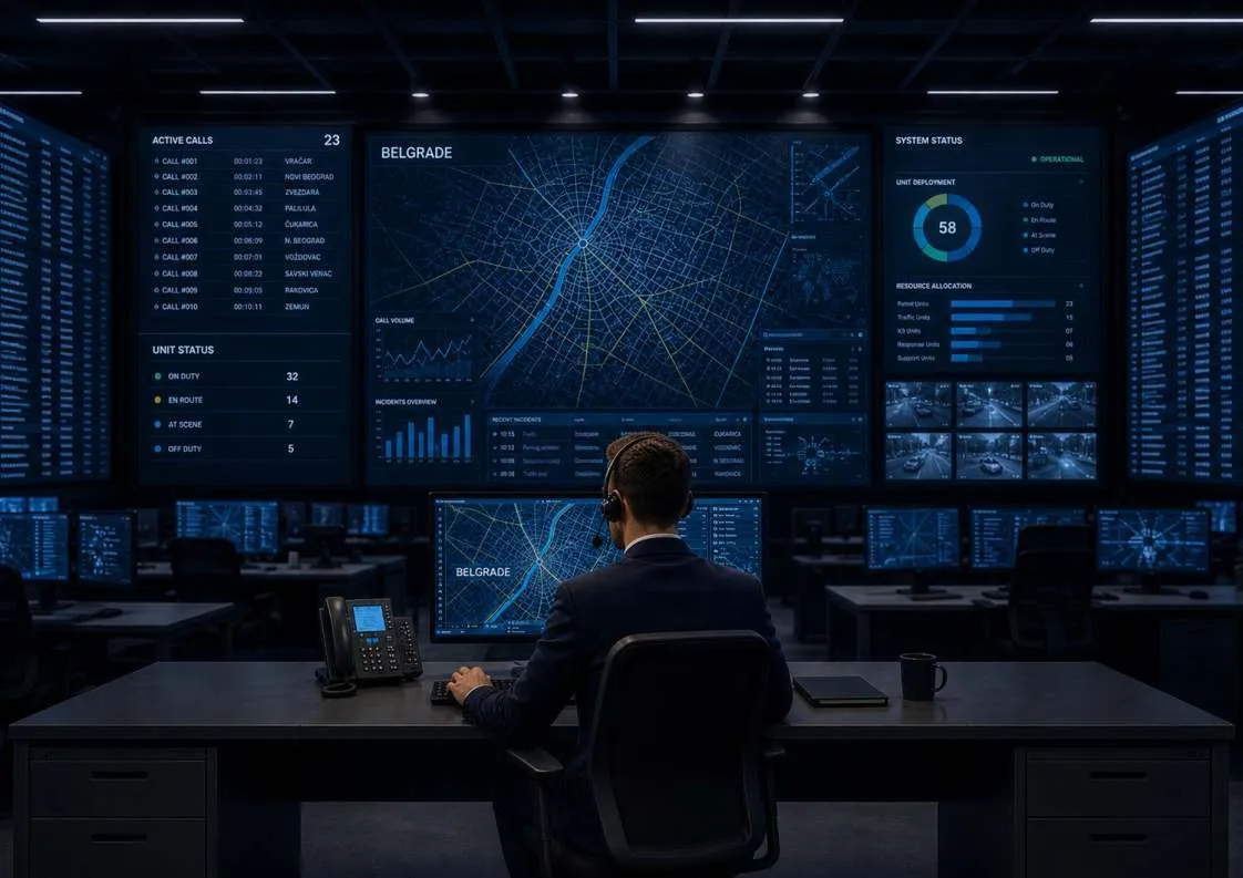 A dispatcher at the operations desk, live maps and journey status on the screens around him