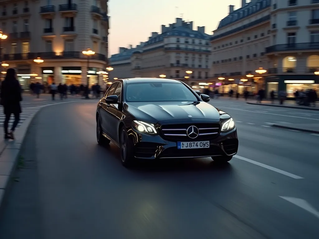 A black Mercedes-Benz E-Class on a Paris boulevard at dusk