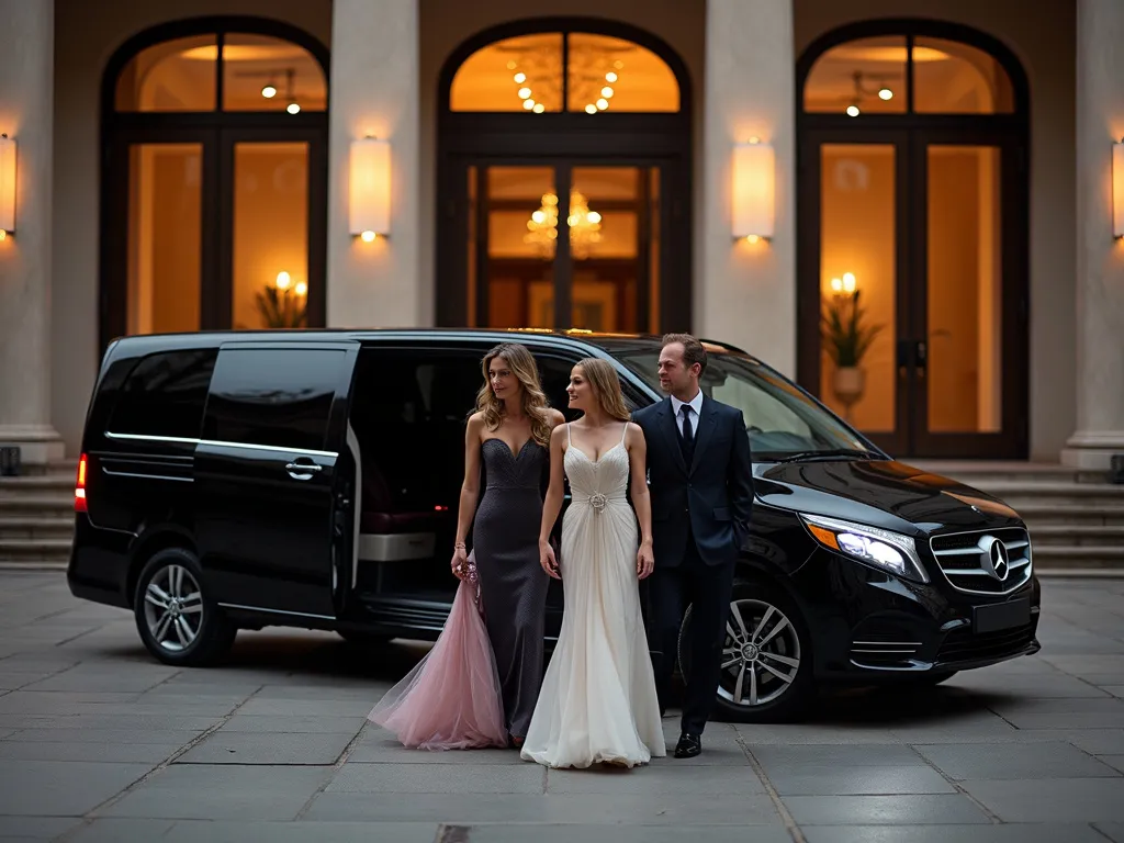 Wedding guests beside a black Mercedes-Benz V-Class at a hotel entrance in the evening